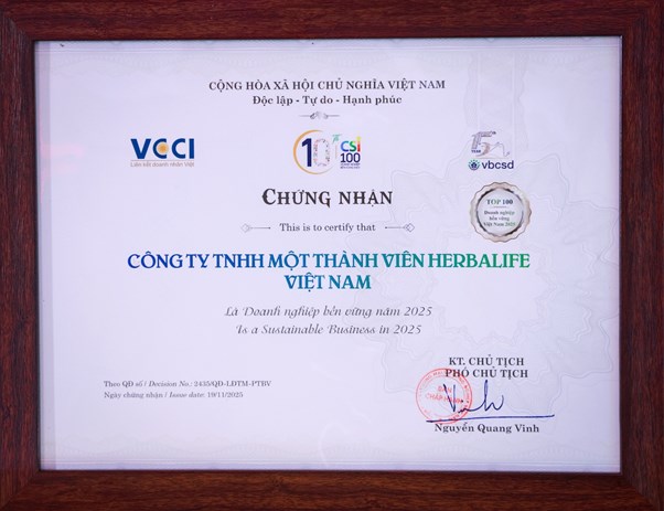 Herbalife Việt Nam được Liên đoàn Thương mại và Công nghiệp Việt Nam vinh danh Top 100 Doanh Nghiệp Bền Vững Việt Nam 2025 - Ảnh 1 Herbalife Việt Nam được Liên đoàn Thương mại và Công nghiệp Việt Nam vinh danh Top 100 Doanh Nghiệp Bền Vững Việt Nam 2025 - Ảnh 1