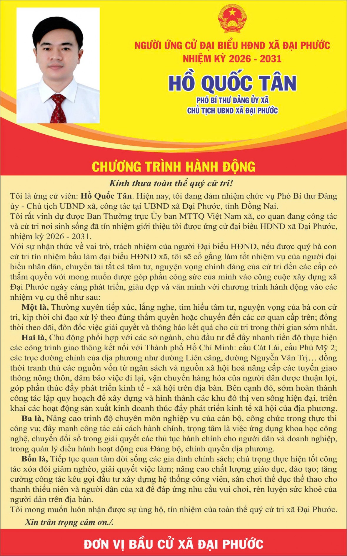 Ứng cử viên Hồ Quốc Tân với chương trình hành động vì sự phát triển của xã Đại Phước Ứng cử viên Hồ Quốc Tân với chương trình hành động vì sự phát triển của xã Đại Phước