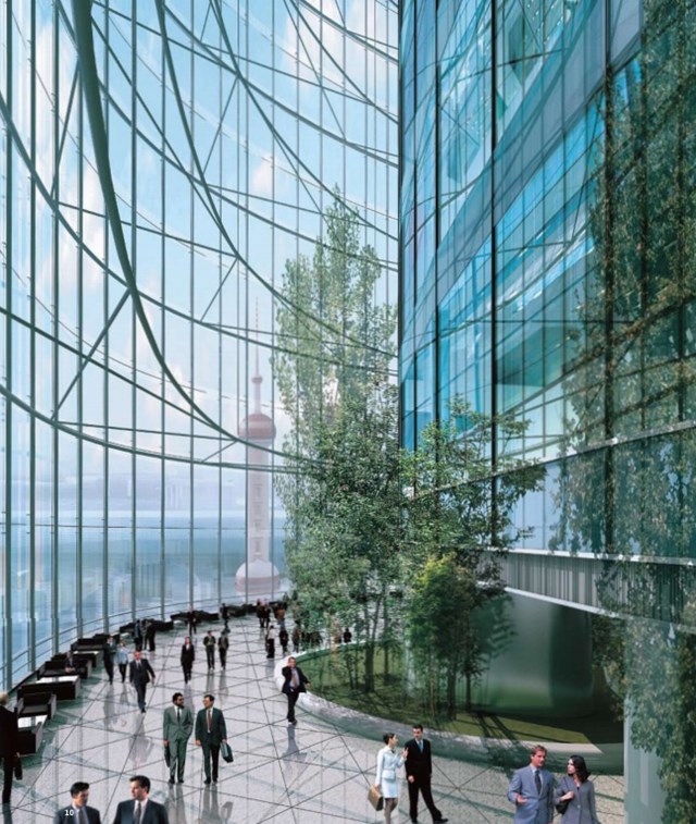 Giữa hai lớp k&iacute;nh l&agrave; kh&ocirc;ng gian c&ocirc;ng cộng d&agrave;nh cho du kh&aacute;ch. Mỗi khu gồm nh&agrave; vườn, qu&aacute;n c&agrave; ph&ecirc;, nh&agrave; h&agrave;ng, c&aacute;c cửa h&agrave;ng b&aacute;n lẻ v&agrave; đem đến tầm nh&igrave;n 360 độ quanh th&agrave;nh phố.