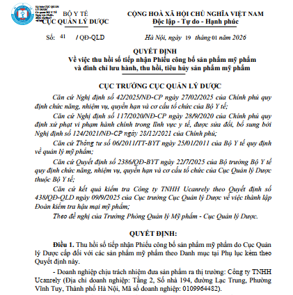 Thu hồi, đình chỉ lưu hành 77 sản phẩm mỹ phẩm của Công ty TNHH Ucanrely