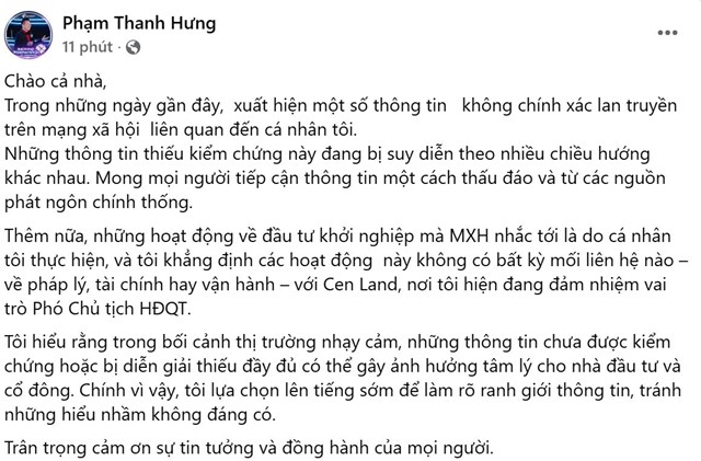 Cen Land (CRE): Phó Chủ tịch Phạm Thanh Hưng lên tiếng về tin đồn, phân định rõ ranh giới đầu tư - Ảnh 1