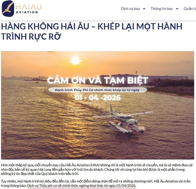 Dừng vĩnh viễn dịch vụ bay thủy phi cơ ngắm di sản thiên nhiên thế giới