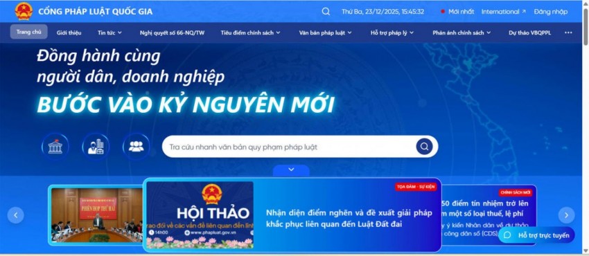 Một trong những thành tựu pháp lý nổi bật trong năm 2025 là việc ra mắt Cổng Pháp luật quốc gia. (Ảnh chụp màn hình).