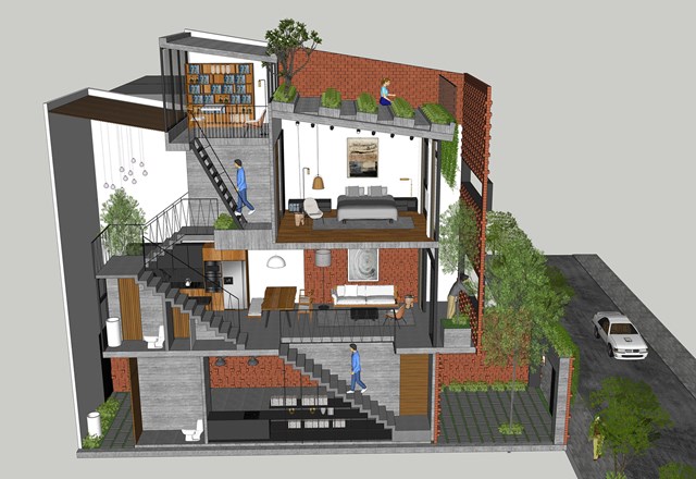 Nhà được bao phủ bởi nhiều lớp gạch và cây xanh - Ảnh 5