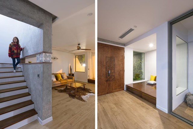 Giải ph&aacute;p n&agrave;y gi&uacute;p kiến tr&uacute;c sư điều chỉnh lối đi dẫn tới sảnh ch&iacute;nh của ng&ocirc;i nh&agrave;, cắt bớt một số m&aacute;i che cho &aacute;nh s&aacute;ng cầu thang, n&acirc;ng cao m&aacute;i sau để l&agrave;m c&aacute;c ph&ograve;ng sinh hoạt (ph&ograve;ng thờ, ph&ograve;ng giặt, ph&ograve;ng giải tr&iacute; cho trẻ em) thuận tiện v&agrave; th&uacute; vị nhất c&oacute; thể.&nbsp; &nbsp;