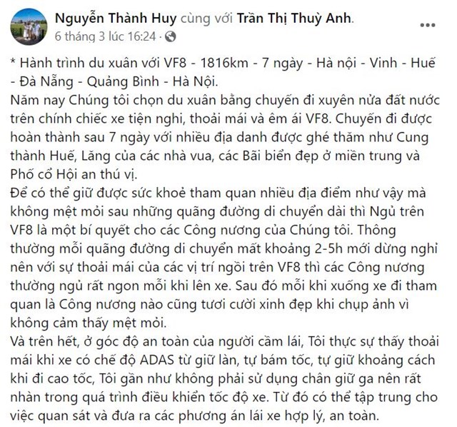 Anh Huy t&acirc;m đắc về chuyến du xu&acirc;n c&ugrave;ng gia đ&igrave;nh tr&ecirc;n chiếc VF 8 tiện nghi, thoải m&aacute;i v&agrave; &ecirc;m &aacute;i (Nguồn ảnh: Facebook Nguyễn Th&agrave;nh Huy).