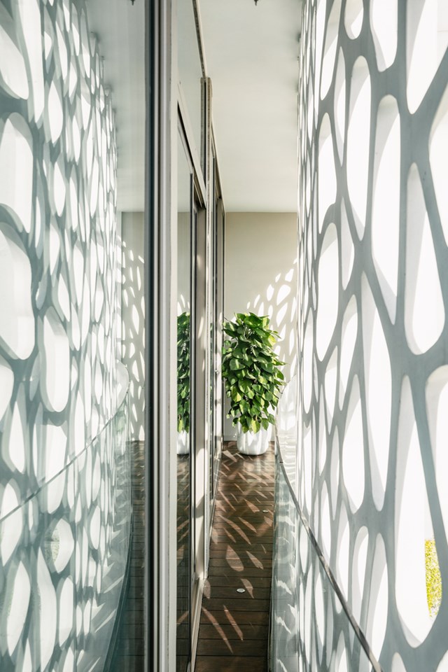 Mặt tiền của ng&ocirc;i nh&agrave; sử dụng c&aacute;c tấm l&agrave;m bằng b&ecirc; t&ocirc;ng sợi lấy &yacute; tưởng từ m&ocirc; h&igrave;nh san h&ocirc;. C&aacute;c tấm n&agrave;y giống như một lớp lọc bền vững, vừa đ&oacute;n gi&oacute;, kh&ocirc;ng kh&iacute; ngo&agrave;i trời vừa ngăn &aacute;nh nắng gay gắt v&agrave; giữ được sự ri&ecirc;ng tư.&nbsp;