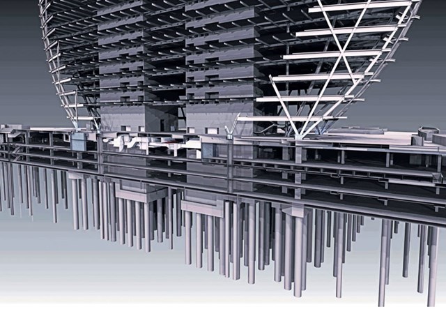 Để gia cố th&ecirc;m cho phần m&oacute;ng, hơn 400 cọc b&ecirc; t&ocirc;ng được tạo ra, đều cắm xuống dưới đất. Một nửa trong số 400 cọc b&ecirc; t&ocirc;ng n&agrave;y ma s&aacute;t với đất, giữ cấu tr&uacute;c với đ&aacute; v&agrave; c&aacute;t b&ecirc;n dưới. Số c&ograve;n lại giữ trọng tr&aacute;ch ph&acirc;n t&aacute;n trọng tải của t&ograve;a nh&agrave; xuống l&ograve;ng đất.&nbsp;Nhưng điều n&agrave;y chưa đủ để c&oacute; thể gi&uacute;p t&ograve;a th&aacute;p đứng vững. Một tấm b&ecirc; t&ocirc;ng khổng lồ nặng&nbsp;30.000 tấn, được&nbsp;chế tạo bởi 12.000 m&eacute;t khối b&ecirc; t&ocirc;ng, gọi l&agrave; m&oacute;ng b&egrave; được tạo ra gi&uacute;p cản c&aacute;c cọc b&ecirc; t&ocirc;ng chọc ngược trở lại l&ecirc;n ph&iacute;a tr&ecirc;n t&ograve;a nh&agrave;.