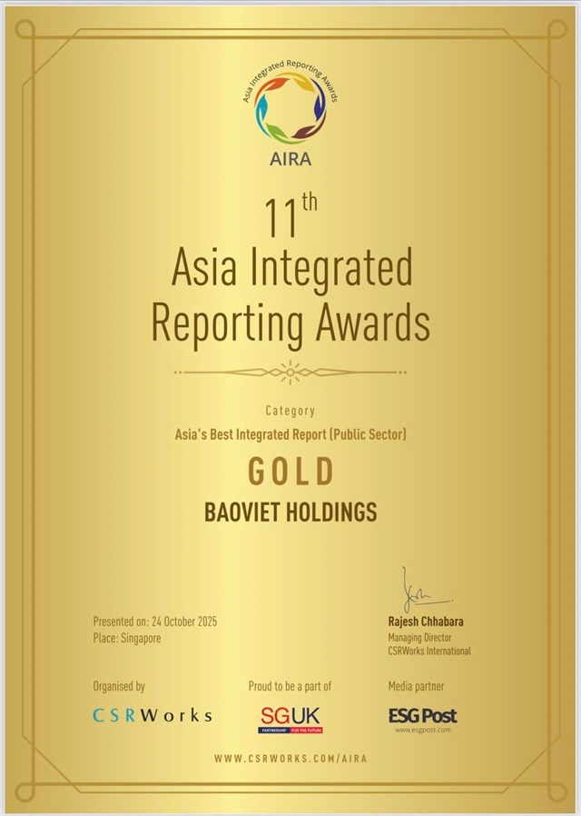 Bảo Việt đạt giải Vàng Báo cáo tích hợp xuất sắc nhất Châu Á tại Lễ trao giải AIRA 2025 - Ảnh 1