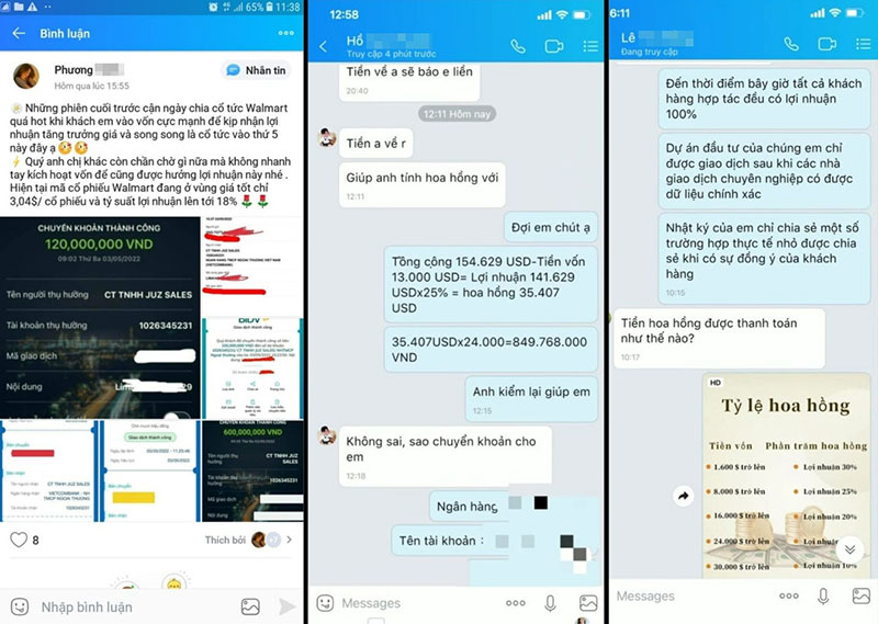 Các chiêu trò lừa đảo đăng ảnh thông tin nhà đầu tư chuyển tiền và tiền lãi khủng để lừa đảo những người hám lợi.