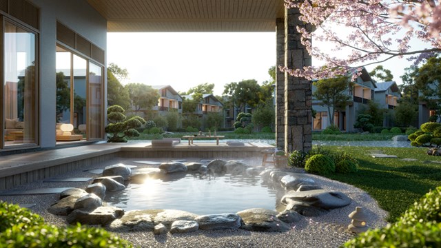 Bể kho&aacute;ng n&oacute;ng tại onsen dinh thự