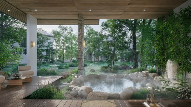 Bể kho&aacute;ng n&oacute;ng tại biệt thự onsen đơn lập