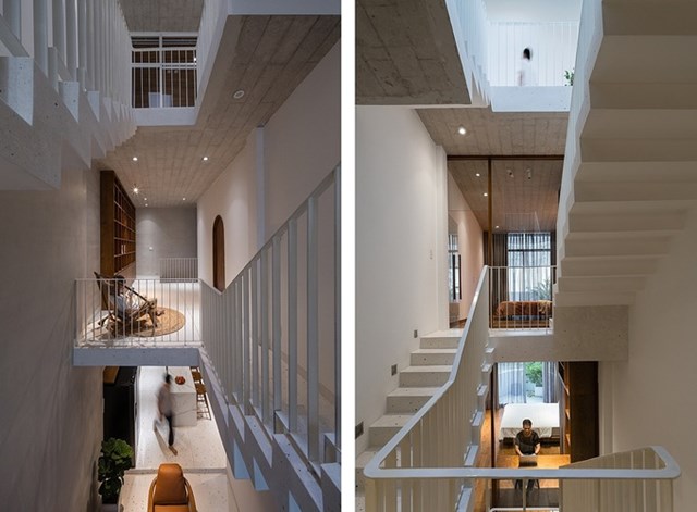 Giải ph&aacute;p lệch tầng gi&uacute;p kh&ocirc;ng gian th&ocirc;ng tho&aacute;ng, bố mẹ v&agrave; hai con dễ kết nối với nhau nhưng vẫn đảm bảo sự ri&ecirc;ng tư nhất định.