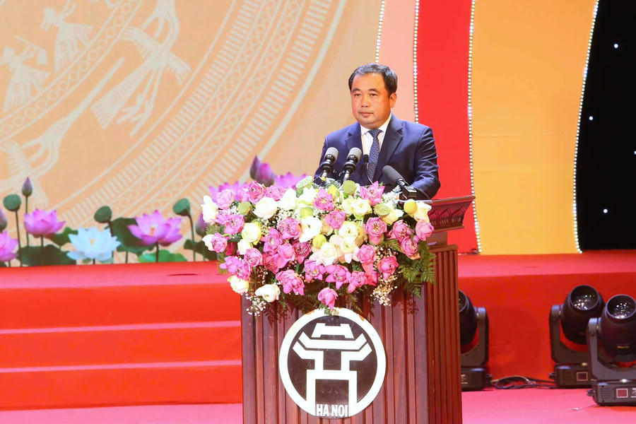 Ông Trần Đức Thắng, Ủy viên Bộ Chính trị, Bí thư Thành ủy Hà Nội, phát biểu tại buổi lễ