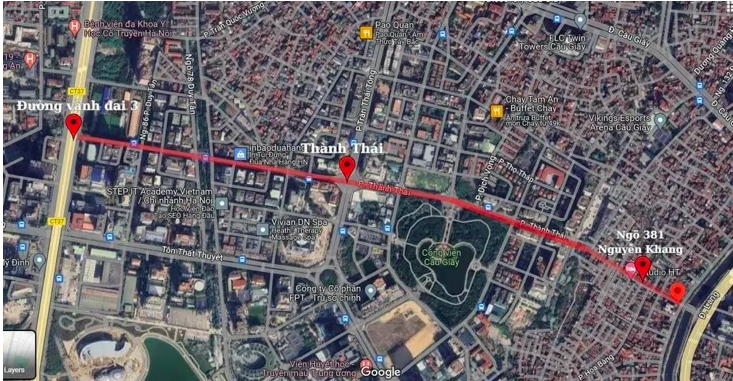 Đường Vành đai 2,5 đi qua 3 phường Cầu Giấy - Yên Hòa - Thanh Xuân có chiều dài 2,26km, tổng mức đầy tư gần 479 tỷ đồng. Ảnh: Thái Bình.