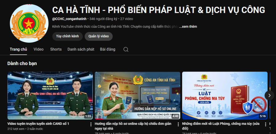 Kênh Youtube - Kho lưu trữ video số - PBGDPL - CCHC Công an Hà Tĩnh.