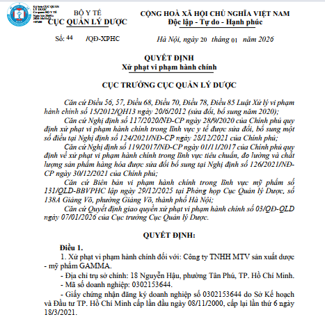 Công ty TNHH MTV sản xuất dược - mỹ phẩm GAMMA bị xử phạt do vi phạm về công bố và sản xuất
