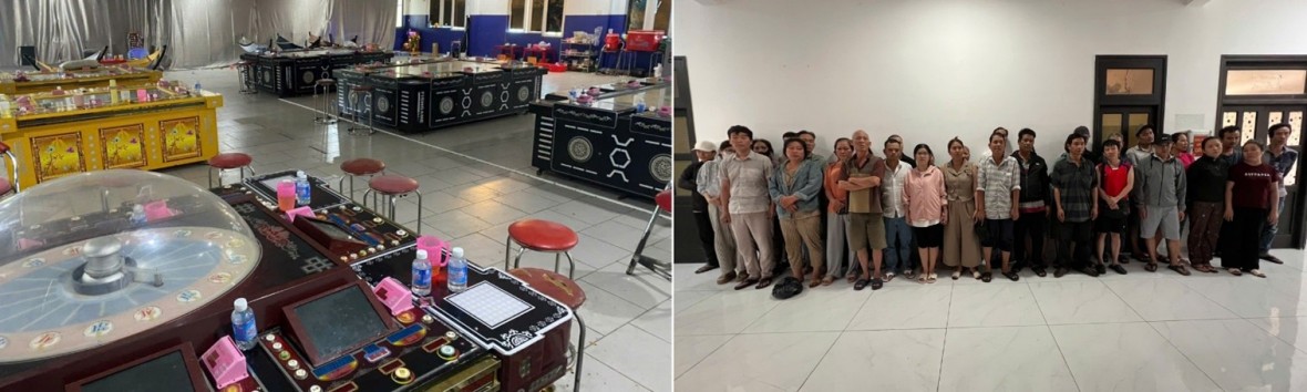 Hiện trường vụ việc và các đối tượng đánh bạc được đưa về cơ quan Công an. (Ảnh: Công an tỉnh Lâm Đồng) Hiện trường vụ việc và các đối tượng đánh bạc được đưa về cơ quan Công an. (Ảnh: Công an tỉnh Lâm Đồng)