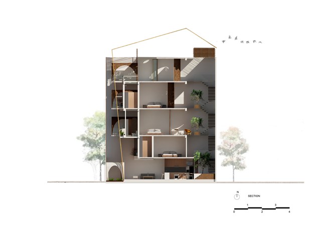 Mặt cắt ng&ocirc;i nh&agrave; với đường kẻ v&agrave;ng l&agrave; tấm sắt mỏng bao phủ.