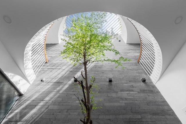 Khoảng trống h&igrave;nh v&ograve;m ở giữa nh&agrave; l&agrave; giải ph&aacute;p kết nối c&aacute;c kh&ocirc;ng gian của c&aacute;c tầng với nhau. &Aacute;nh s&aacute;ng hỗ trợ tốt đối lưu kh&ocirc;ng kh&iacute;, mang nắng gi&oacute; tự nhi&ecirc;n v&agrave;o s&acirc;u cho ng&ocirc;i nh&agrave;.