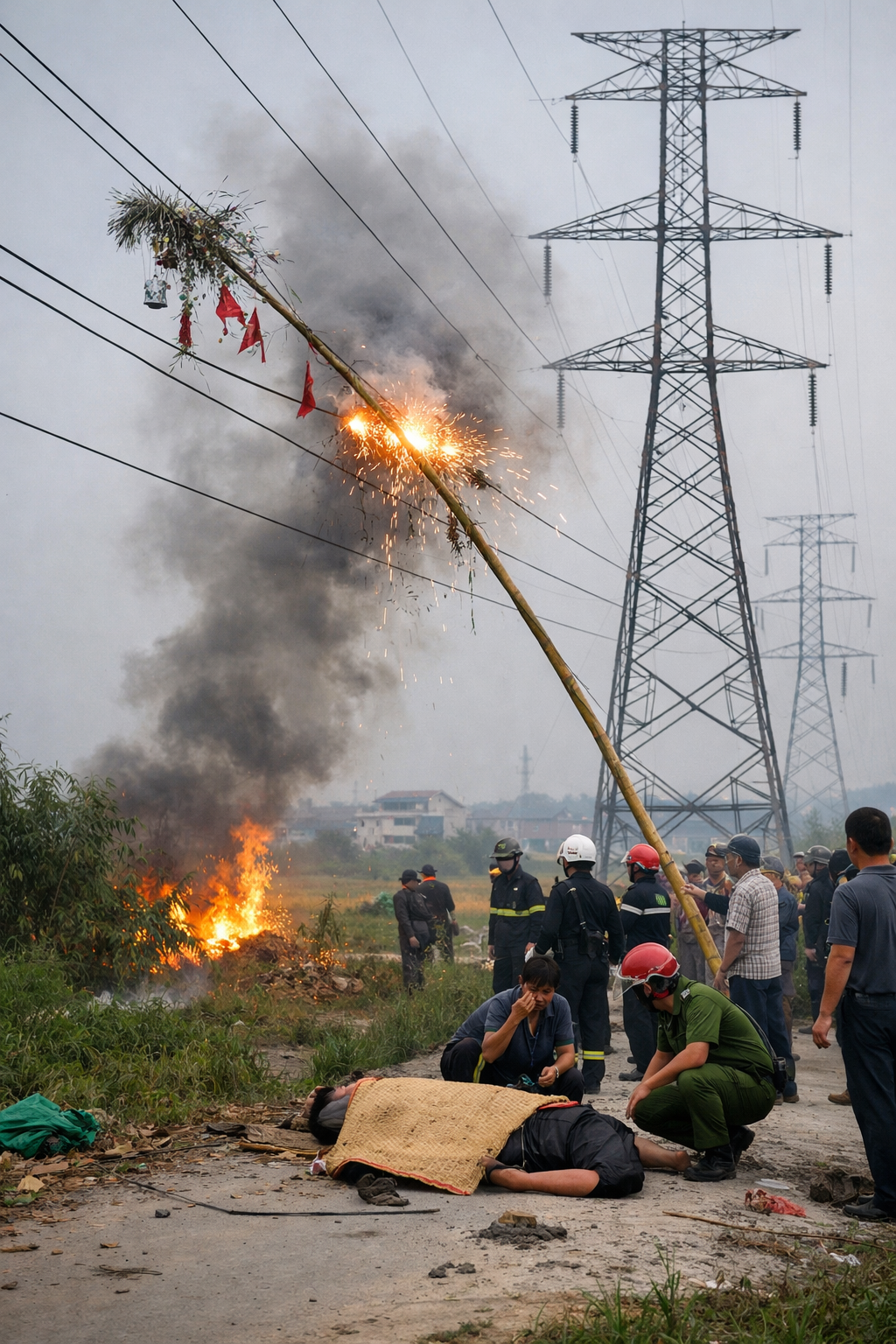 Dựng cây Nêu sát đường điện cao thế gây chết người. Ảnh minh họa Dựng cây Nêu sát đường điện cao thế gây chết người. Ảnh minh họa