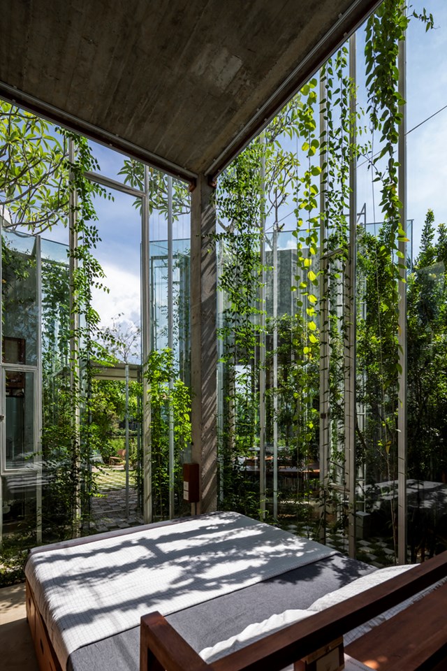 K&iacute;nh s&aacute;t trần c&ugrave;ng gi&agrave;n leo bao bọc xung quanh kh&ocirc;ng gian ph&ograve;ng ngủ mang đến cảm gi&aacute;c hoang sơ. Đặc biệt, gia chủ c&ograve;n c&oacute; thể vừa nghỉ ngơi vừa ngắm bầu trời đ&ecirc;m đầy sao.