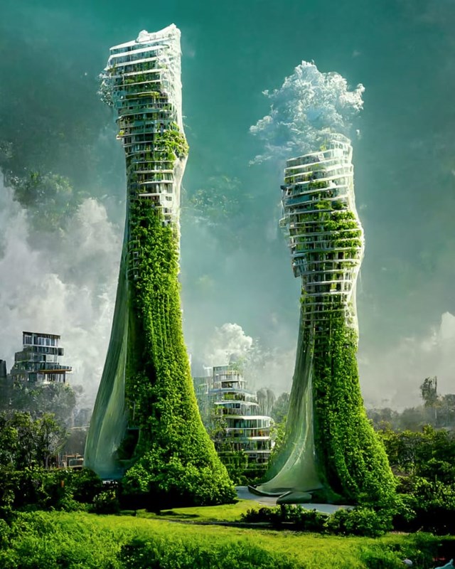 Hai t&ograve;a nh&agrave; cao tầng lấy cảm hứng từ c&acirc;y xanh được tạo n&ecirc;n bởi tr&iacute; tuệ nh&acirc;n tạo.