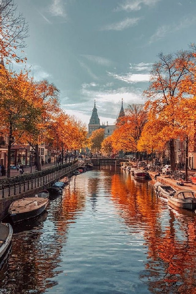 Vẻ đẹp m&ugrave;a thu tr&ecirc;n con s&ocirc;ng Amstel hiền h&ograve;a chảy dọc th&agrave;nh phố.&nbsp; &nbsp;