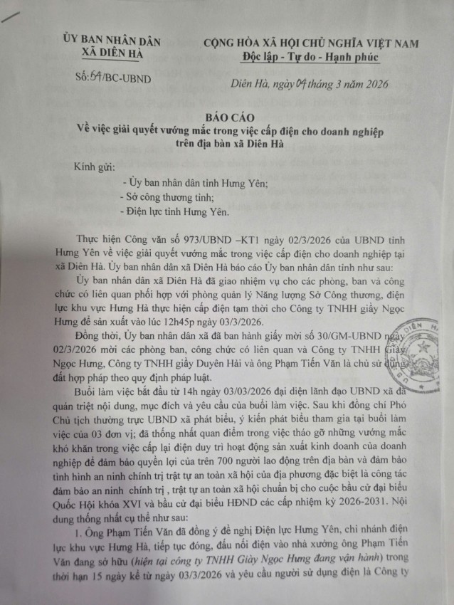Báo cáo của UBND xã Diên Hà về việc giải quyết vướng mắc trong việc cấp điện cho doanh nghiệp gửi UBND tỉnh Hưng Yên, Sở Công thương tỉnh Hưng Yên, Điện lực tỉnh Hưng Yên.