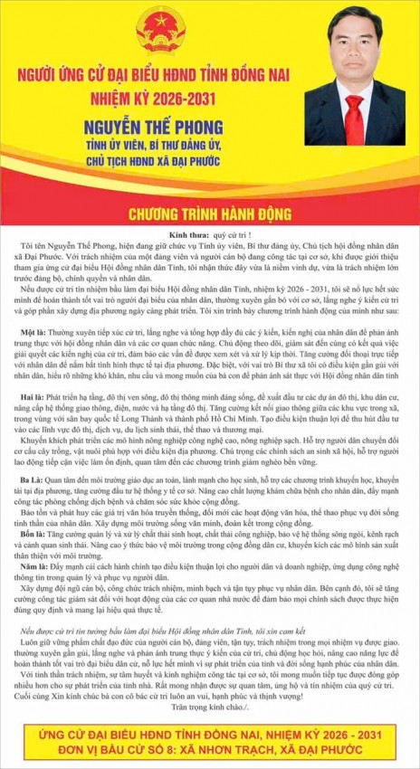 Tâm huyết vì sự phát triển địa phương – Chương trình hành động của ứng cử viên HĐND tỉnh Đồng Nai Nguyễn Thế Phong