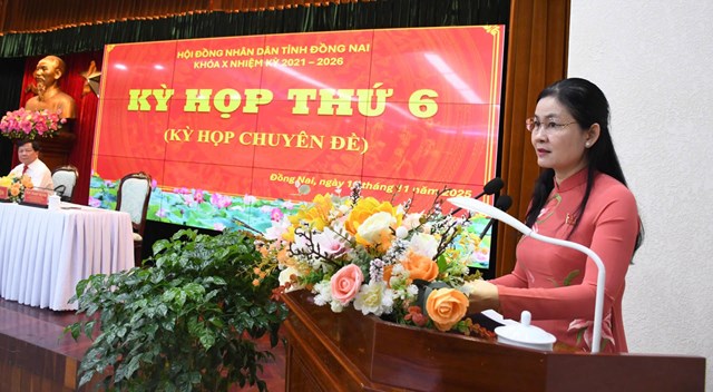 B&agrave; T&ocirc;n Ngọc Hạnh - Ph&oacute; B&iacute; thư Thường trực Tỉnh ủy, Chủ tịch HĐND tỉnh Đồng Nai ph&aacute;t biểu tại kỳ họp.