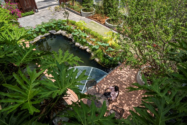 Các không gian tại K-Villa+ được phân chia hợp lý, tiện nghi để nghỉ ngơi, thư giãn hay làm việc. Đặc biệt ao cá sinh thái ngoài trời với các loài thực vật thủy sinh như sen, lily nước là khu vực thư giãn vô cùng yên bình và thoải mái. Đây có thể là không gian thưởng trà lý tưởng cho các thành viên trong gia đình.  