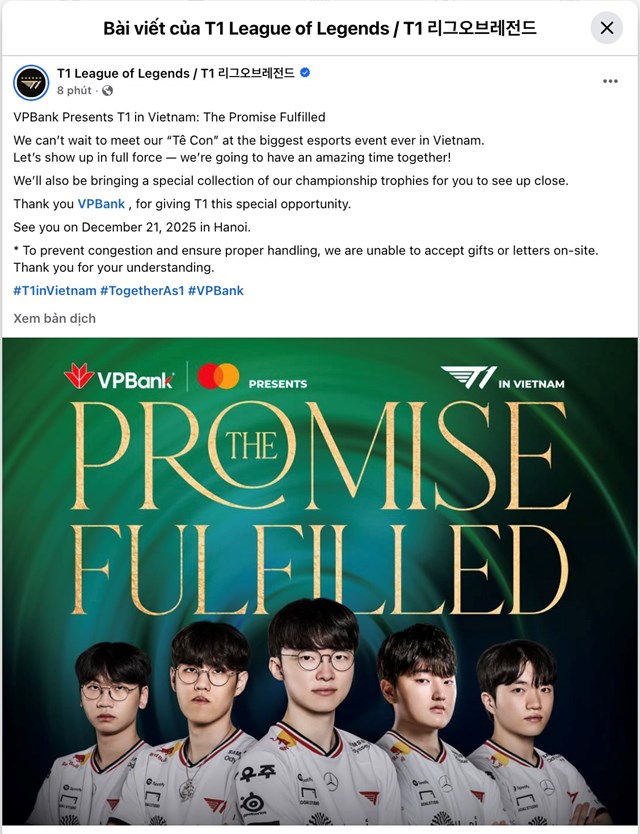 T1 th&ocirc;ng b&aacute;o sẽ đến H&agrave; Nội v&agrave; h&aacute;o hức gặp người h&acirc;m mộ Việt Nam. &nbsp;