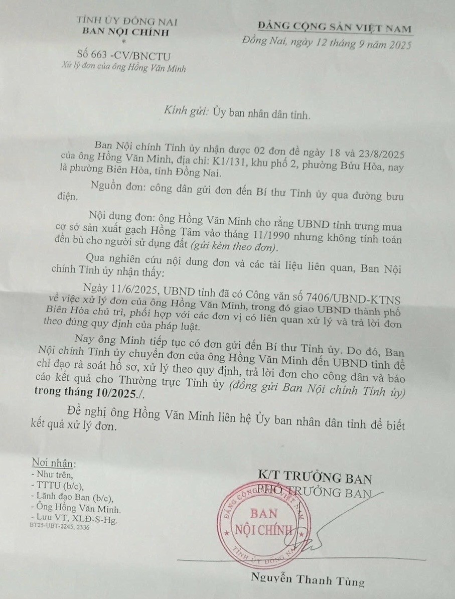 Văn bản Ban Nội chính gửi UBND tỉnh Đồng Nai để chỉ đạo giải quyết đơn của ông Hồng Văn Minh.