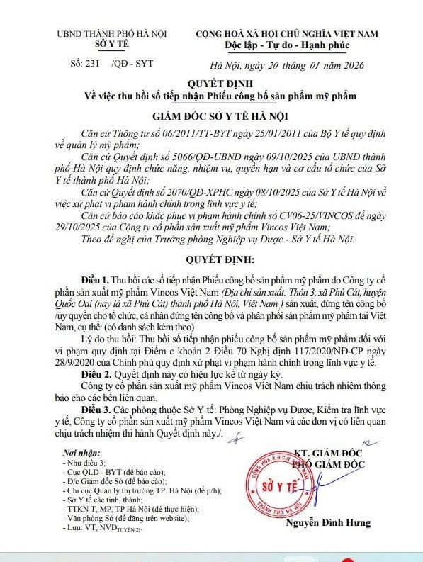 Thu hồi số tiếp nhận Phiếu công bố của 131 sản phẩm mỹ phẩm do Vincos Việt Nam sản xuất