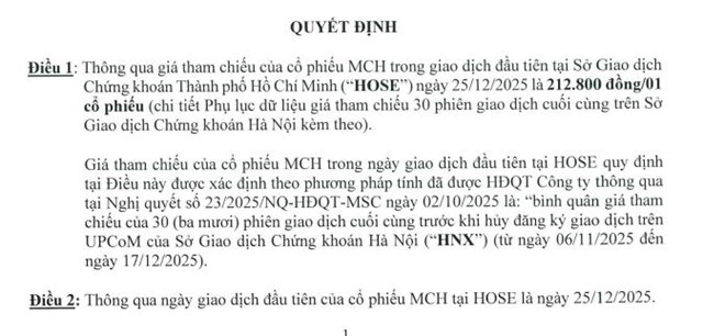 'Bom tấn' ngành tiêu dùng Masan Consumer (MCH) chốt ngày lên HOSE vào 25/12, giá tham chiếu 212.800 đồng/cổ phiếu - Ảnh 1