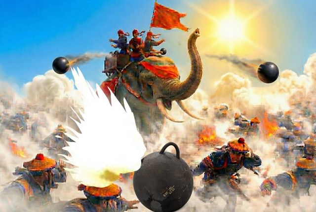 Hỏa lực được Qu&acirc;n đội Đại Việt ph&oacute;ng xuống từ th&acirc;n voi l&agrave; vũ kh&iacute; tinh nhuệ ti&ecirc;u diệt kẻ th&ugrave;.