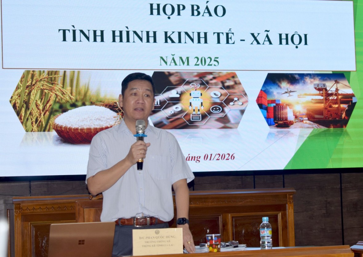 Thống kê tỉnh công bố số liệu thống kê kinh tế - xã hội tỉnh Gia Lai năm 2025. (Ảnh: Cổng TTĐT tỉnh Gia Lai) Thống kê tỉnh công bố số liệu thống kê kinh tế - xã hội tỉnh Gia Lai năm 2025. (Ảnh: Cổng TTĐT tỉnh Gia Lai)