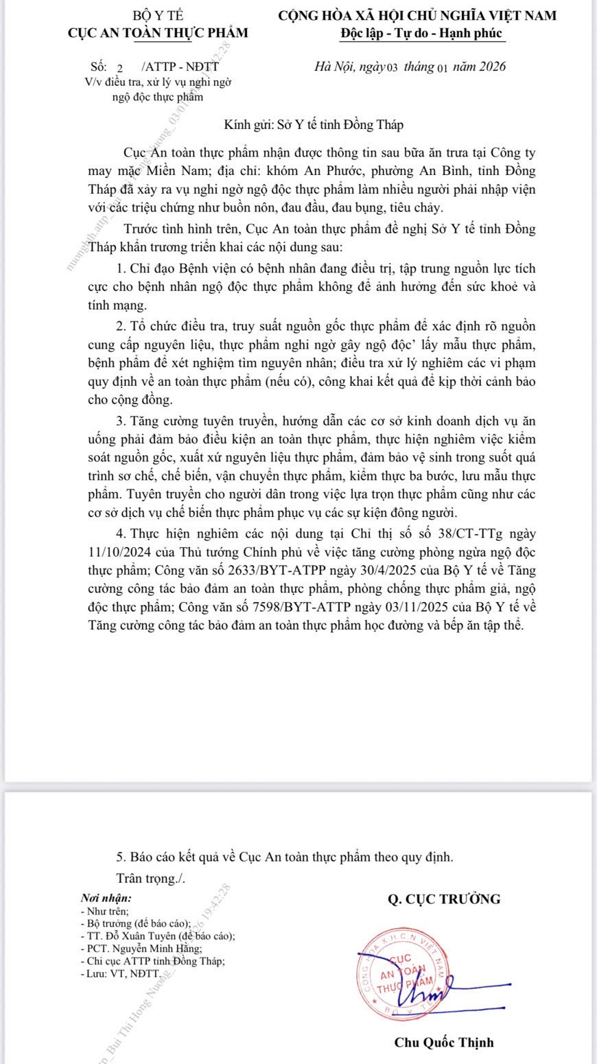 Bộ Y tế : Yêu cầu Sở Y tế tỉnh Đồng Tháp điều tra, xử lý vụ nghi ngờ ngộ độc thực phẩm