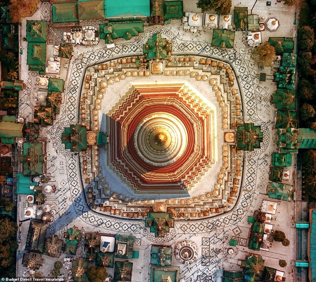 Nh&igrave;n từ tr&ecirc;n cao, c&aacute;c gian h&agrave;ng, điện thờ v&agrave; chu&ocirc;ng ch&ugrave;a Shwedagon 2.600 năm tuổi ở Myanmar tạo th&agrave;nh một 