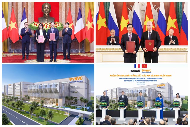 Lễ khởi c&ocirc;ng Nh&agrave; m&aacute;y Vắc xin v&agrave; Sinh phẩm VNVC c&oacute; sự hiện diện của Tổng thống Ph&aacute;p Emmanuel Macron, đ&aacute;nh dấu cột mốc quan trọng trong chiến lược tự chủ c&ocirc;ng nghệ sản xuất vắc xin tại Việt Nam, đồng thời thể hiện cam kết hợp t&aacute;c s&acirc;u rộng giữa Việt Nam v&agrave; Ph&aacute;p trong lĩnh vực y tế. Ảnh: Hải Nam