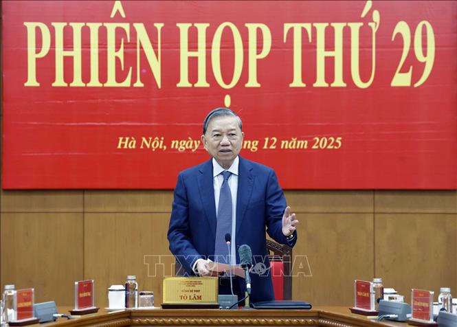 Tổng B&iacute; thư T&ocirc; L&acirc;m ph&aacute;t biểu chỉ đạo tại Phi&ecirc;n họp thứ 29 của Ban Chỉ đạo Trung ương về ph&ograve;ng, chống tham nhũng, l&atilde;ng ph&iacute;, ti&ecirc;u cực. Ảnh: TTXVN. Ảnh: Thống Nhất/TTXVN