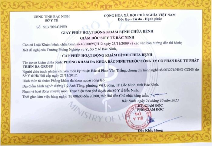 Giấy phép hoạt động của Phòng khám Đa khoa Bắc Ninh.