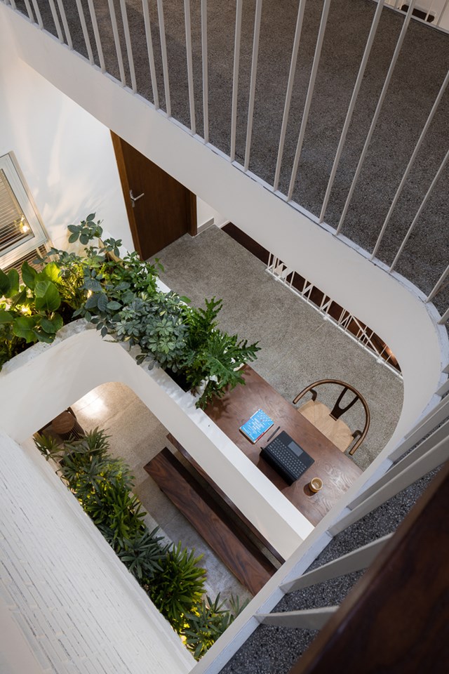 B&ecirc;n dưới giếng trời l&agrave; hệ thống c&acirc;y xanh. Thảm thực vật trải d&agrave;i v&agrave; được bố tr&iacute; một c&aacute;ch c&oacute; t&iacute;nh to&aacute;n nhằm tận dụng hết những yếu tố về &aacute;nh s&aacute;ng, nhiệt độ vừa gi&uacute;p giảm nhiệt vừa gi&uacute;p ng&ocirc;i nh&agrave; th&ecirc;m sinh động hơn.