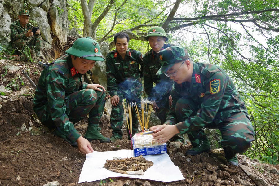 Tìm thấy 22 bộ hài cốt liệt sĩ ở thôn Giang Nam, xã Thanh Thủy. (Ảnh: CTV).