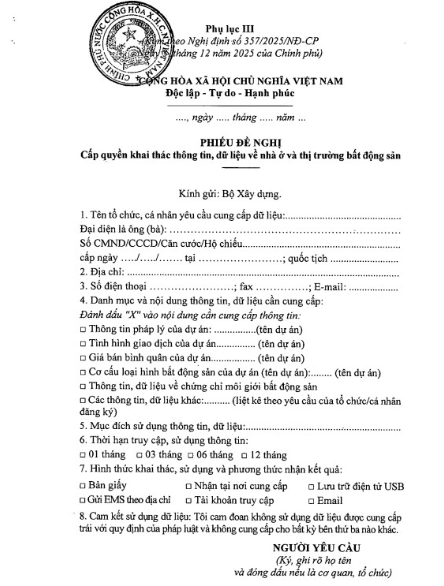 Mẫu phiếu yêu cầu quyền truy cập khai thác thông tin, dữ liệu về thị trường nhà ở và bất động sản (Ảnh: NĐ357).