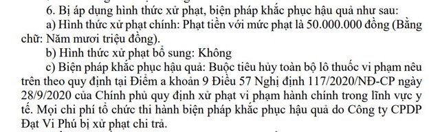 Dược phẩm Đạt Vi Ph&uacute; bị xử phạt h&agrave;nh ch&iacute;nh v&agrave; buộc thu hồi sản phẩm vi phạm.