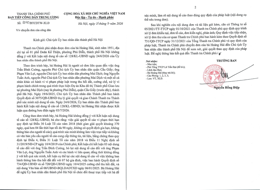 Ban Tiếp công dân Trung ương chuyển đơn thư của bà Hoàng Hải đến Chủ tịch UBND TP Hà Nội để xem xét giải quyết theo quy định