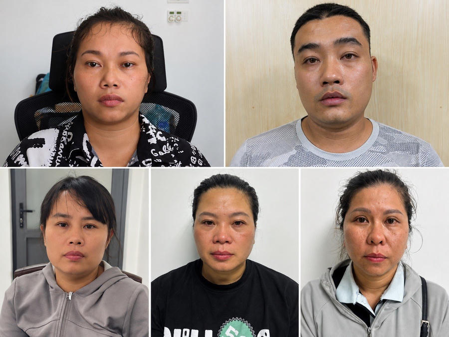 Từ trái qua, từ trên xuống: Các đối tượng Lương Thị Thảo, Đinh Văn Thịnh, Đặng Thị Tho, Nguyễn Thị Ngọc và Nguyễn Long Yến Vân. Ảnh: CACC.