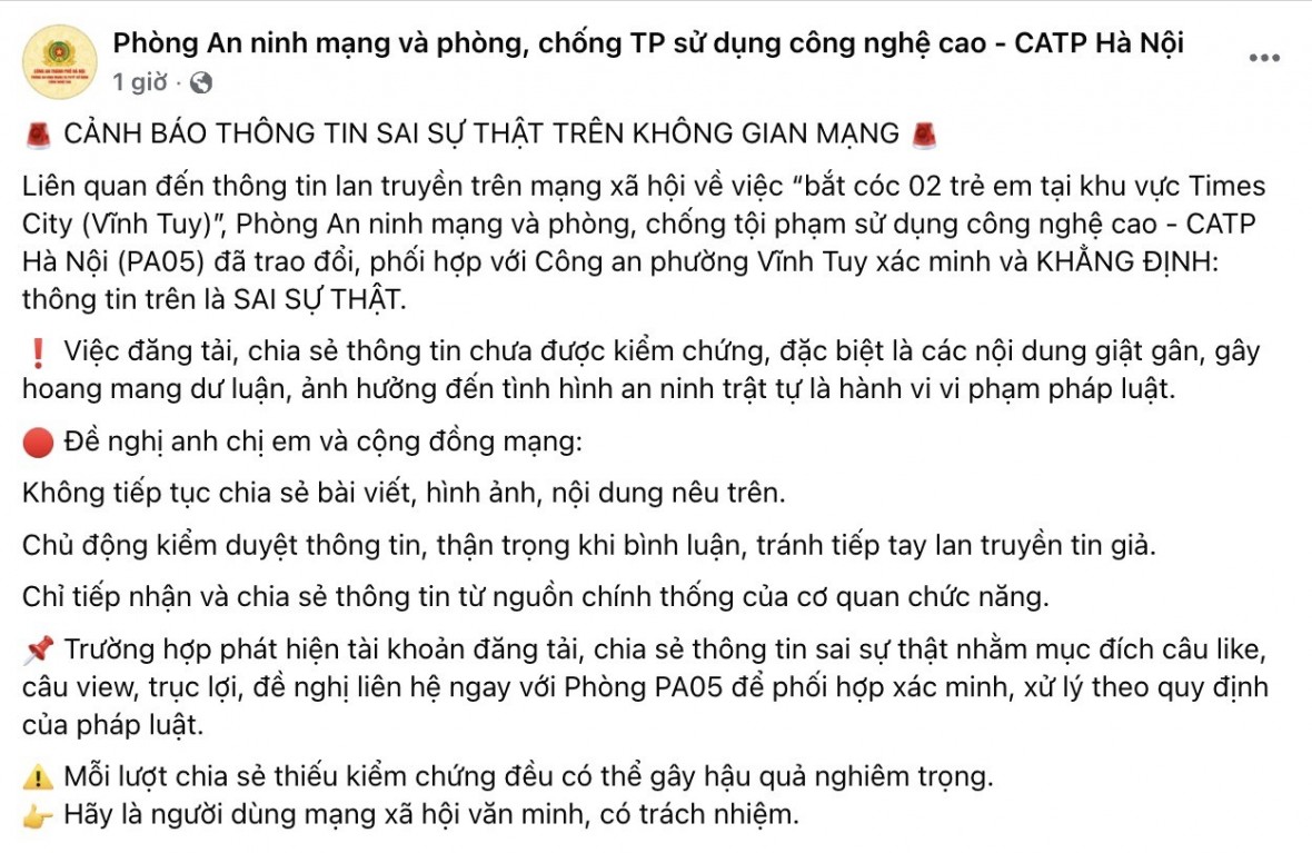 Phòng An ninh mạng và phòng, chống tội phạm sử dụng công nghệ cao CATP Hà Nội đưa ra thông báo trên fanpage.